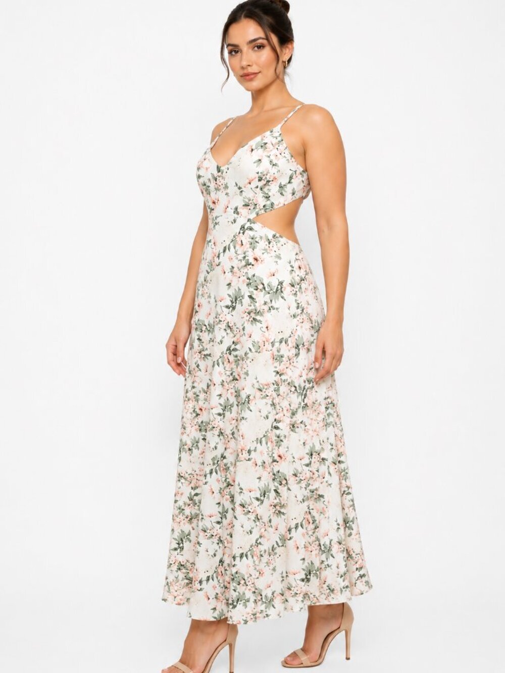 Lulus Floral Cutout Maxi Dress White Pink Green V-Neck Open Back Size M NEW